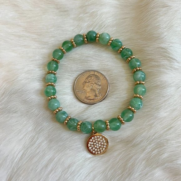 BOho Stretch Bracelet Green Swirl Semi Translucent Lucite Rhinestone Charm 13428 - Picture 8 of 9